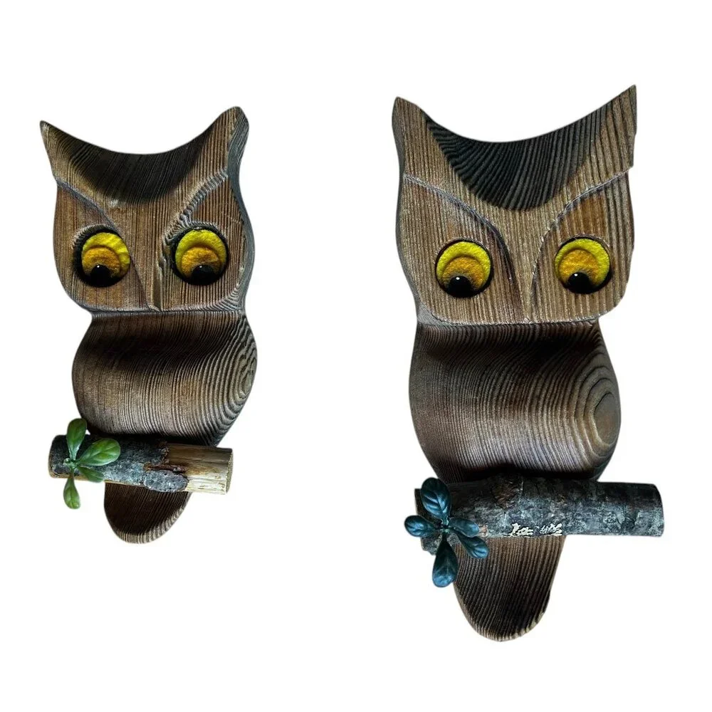 Pair of Vintage Wood Owls Perched on Branches Sand Blasted Finisg Wall Hangers - Picture 1 of 9